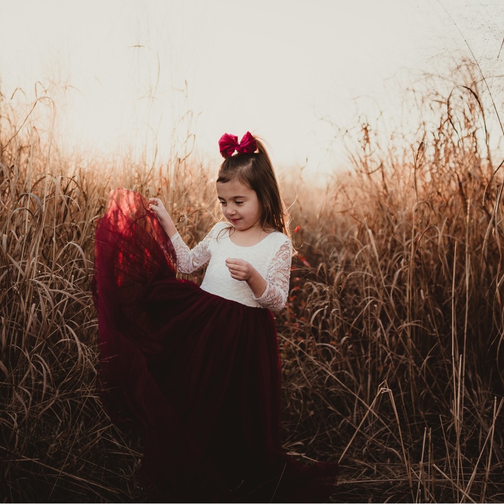 Burgundy tulle white lace sleeve maxi dress 5T